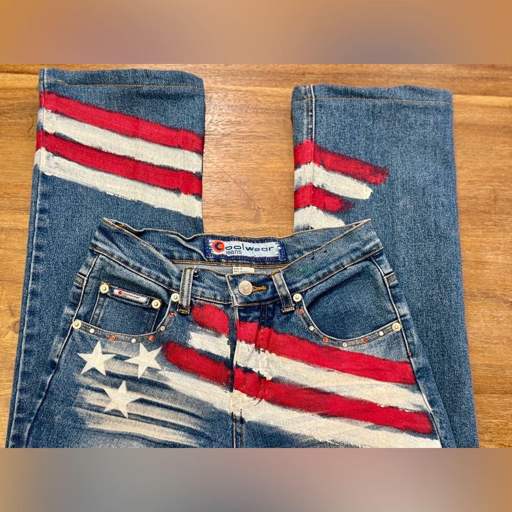 Vintage Early 2000s Cool Wear Blue flare jeans with American flag print size 1 - Picture 10 of 11